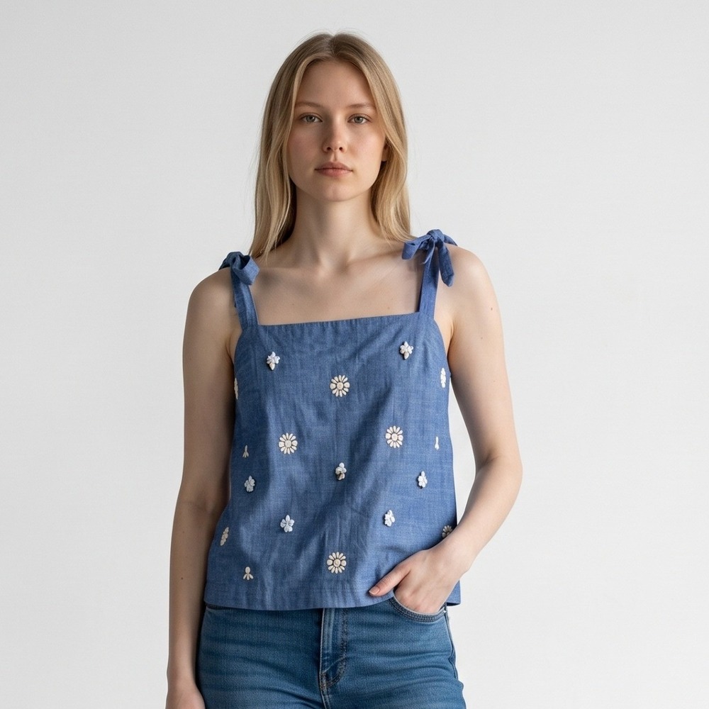 J.Crew Women's Chambray Embellished Shoulder Tie Top size 6 #G7638